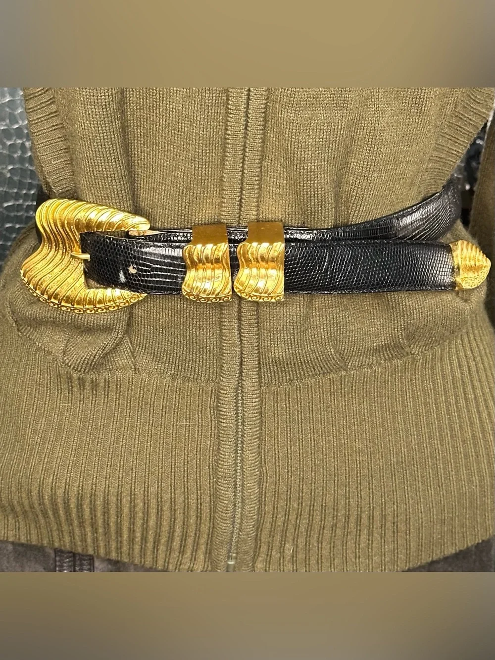 Dicelli Vintage Black Genuine Lizard Belt with Gold Buckle